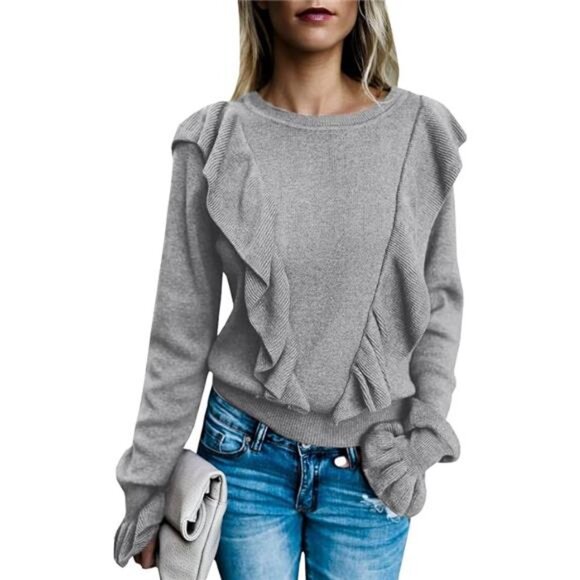 Long Sleeve Ruffle Front Rib Knit Shirt Top - Picture 6 of 6